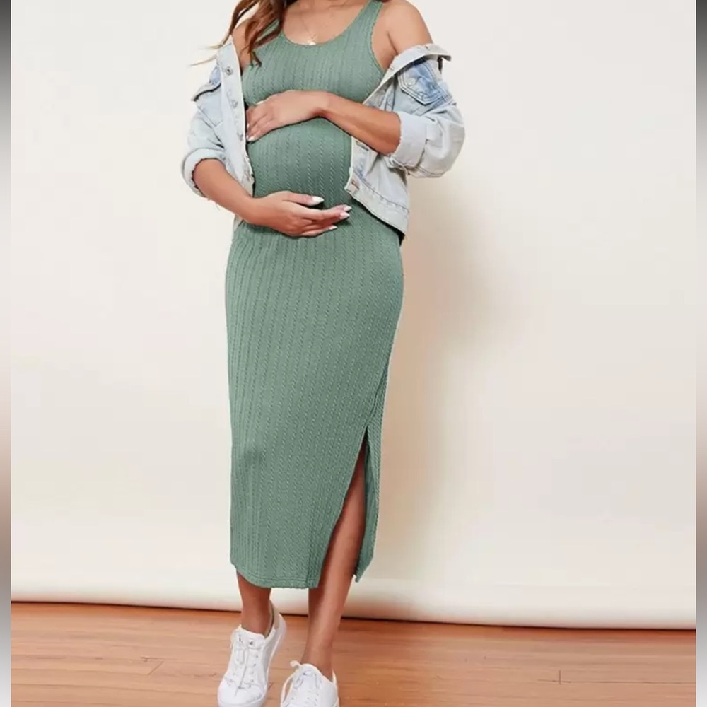 Green Ribbed Maternity Dress